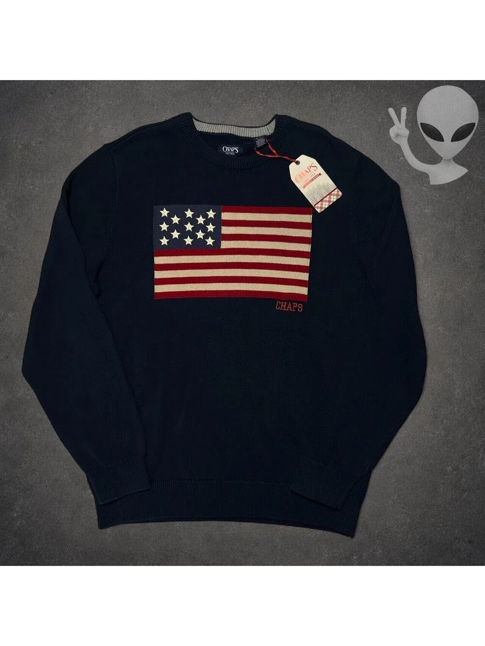 Chaps Sweater Mens XL Navy Blue American Flag Knit Crewneck Pullover NWT
